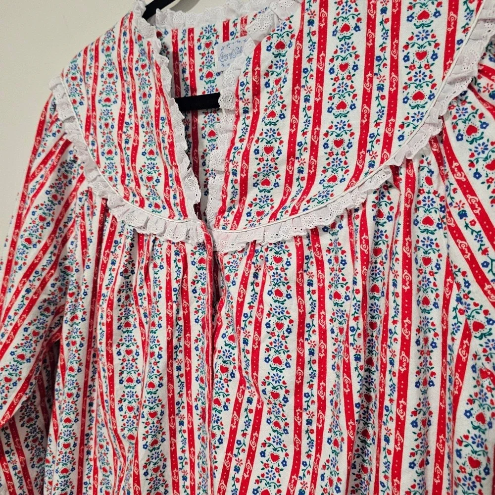 Lanz of Salzburg Nightgown M Red Floral Heart Stripe Lace Maxi Cotton Cottage